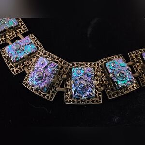 Vibrant Irridescent Molded Glass Rose Bracelet Fillagree Brass Blue Teal Violet